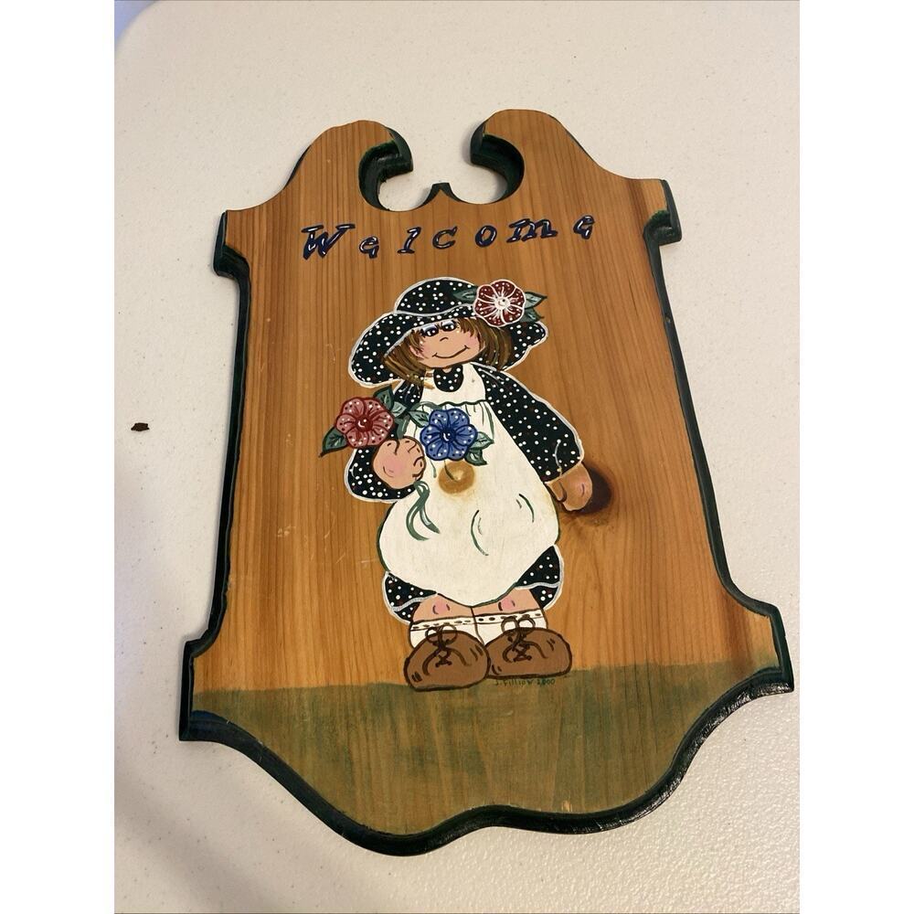 Y2K 2000s Original Art Hand Painted Girl w/ Flowers Welcome Sign Wall Decor - Picture 7 of 8